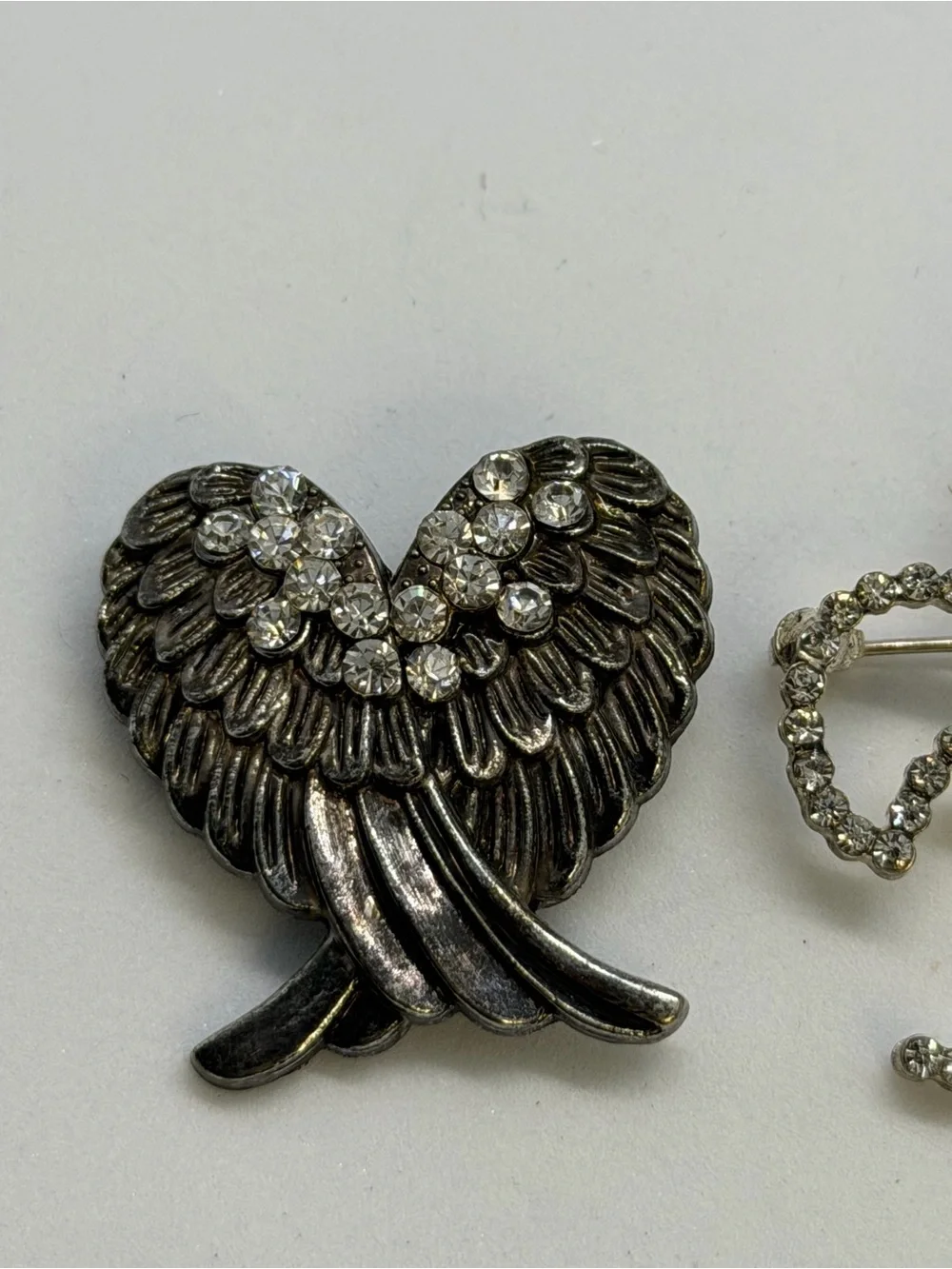 Silver-Tone Rhinestone Fleur-de-Lis and Heart Brooch Duo - Silver